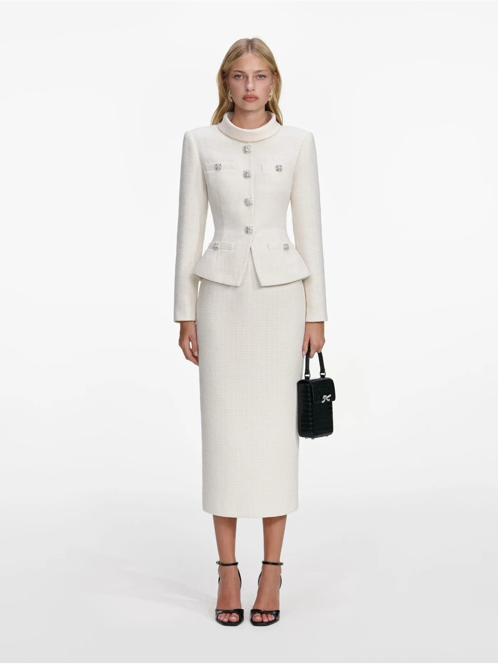 Self-Portrait Cream Tweed Midi Dress with Pearl Buttons